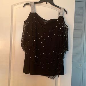 Cold shoulder mesh holiday top with pearls